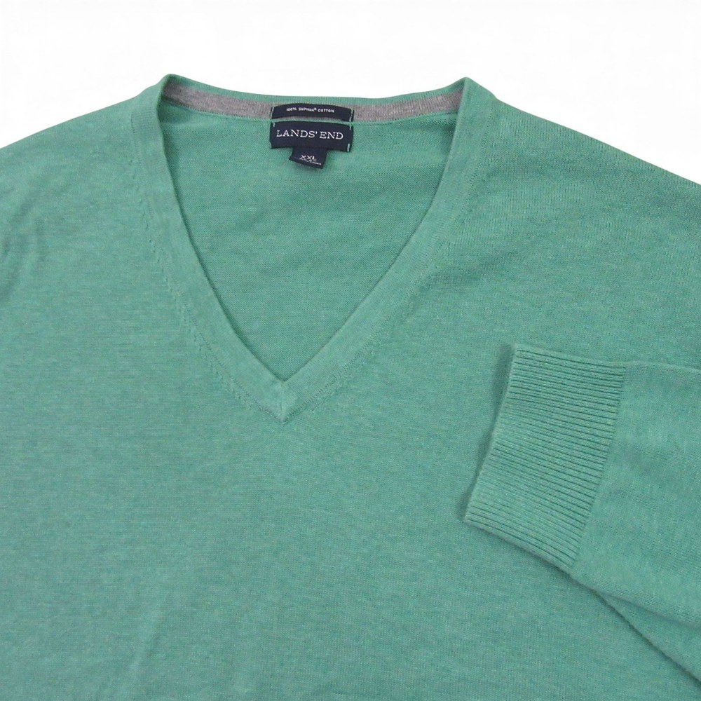 Lands' End Mens V Neck Sweater Pullover XXL Solid Mint Green Supima Cotton